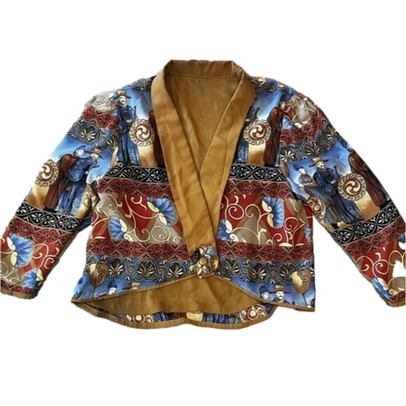 Silk Blend Asian style Cropped Jacket Royal Blue Gold Figures Sz L - Picture 1 of 6